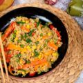 Plat final de riz saute aux legumes à la façon thai réalisé avec du riz Arroz Cigala