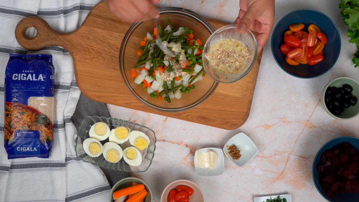recette salade de riz nicoise: Assaisonnement des légumes cuits