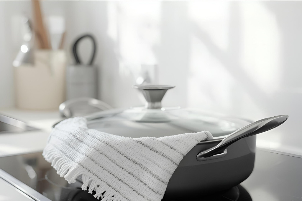 لقطة قريبة لطنجرة فوق موقد، مغطاة بغطاء زجاجي ومنشفة بيضاء.