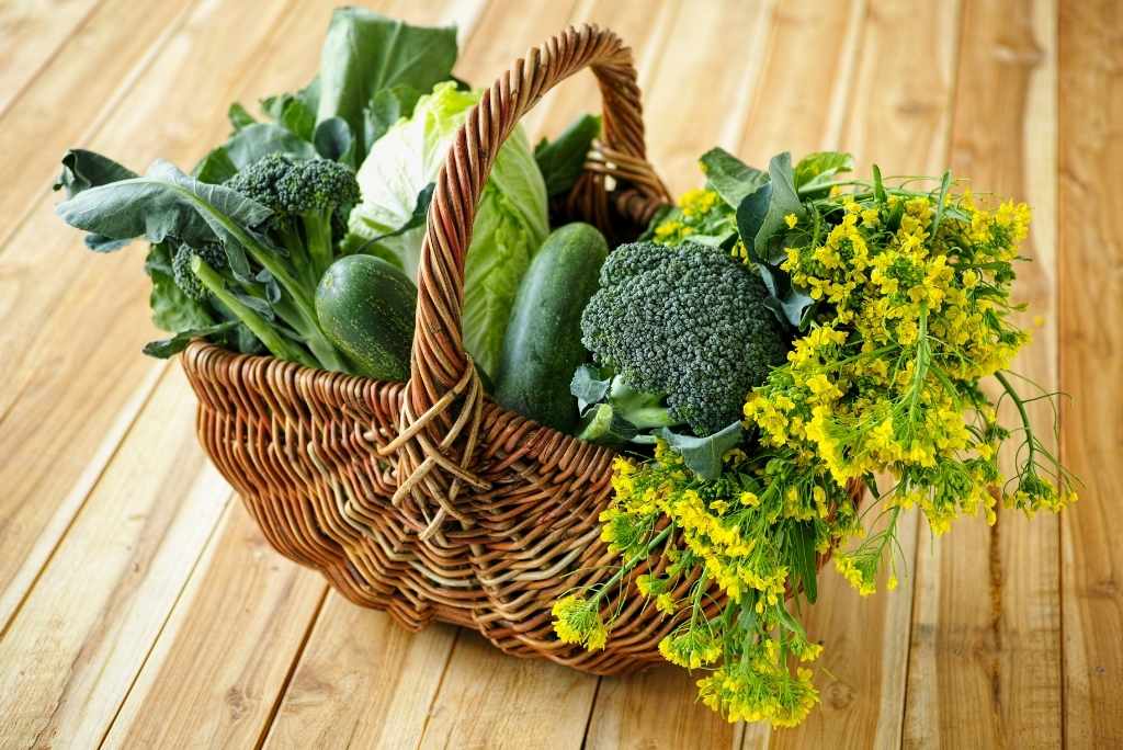 Légumes verts : magnésium et relaxation سلة من الخيزران مليئة بخضروات خضراء طازجة (بروكلي، خيار، خس) مع زهور صفراء، موضوعة على طاولة خشبية.