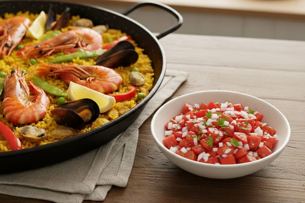 Salade de tomates et d’oignons Un plat de paella aux fruits de mer est posé à côté d'un bol de tomates et d'oignons hachés.