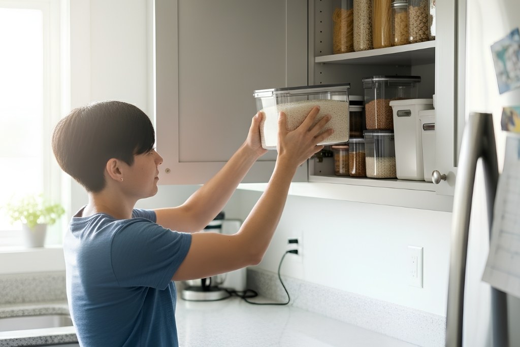 الاختيار والتخزين شخص يضع وعاءً شفافاً من الأرز داخل خزانة مطبخ منظّمة مع حبوب أخرى.