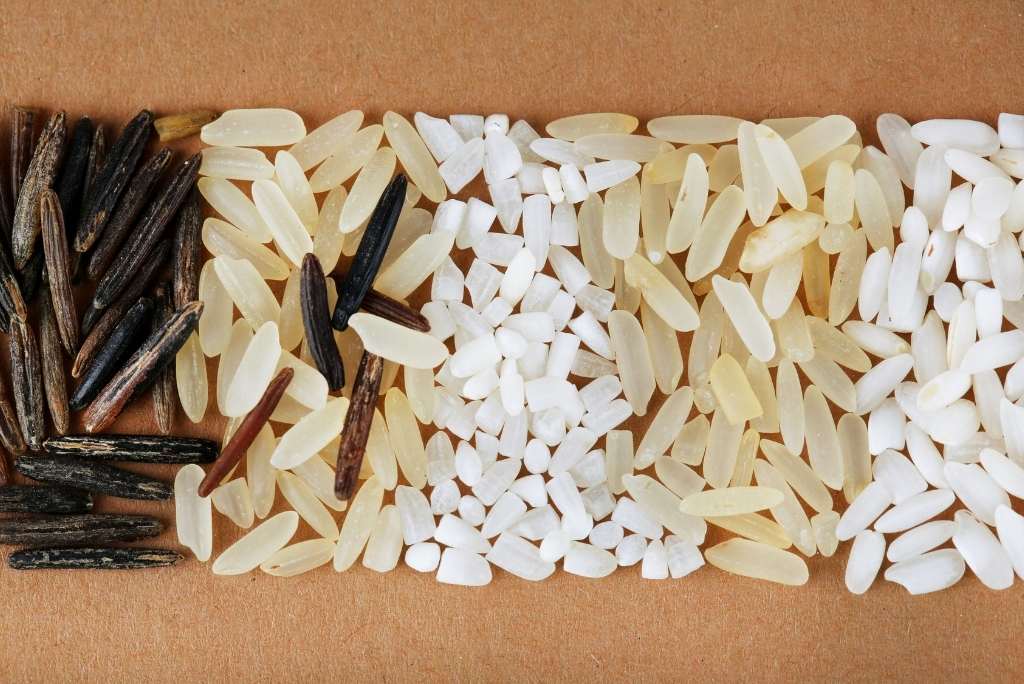 مقارنة مع أنواع أخرى من الأرز تشكيلة من أنواع مختلفة من الأرز (البري، والمبخّر، والأبيض) مرتّبة أفقياً على سطح بني.