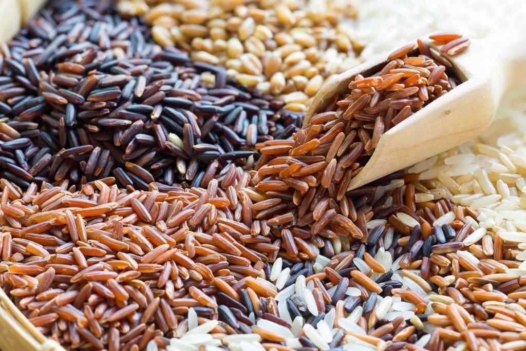 مقارنة غذائية مع سوبرأغذية أخرى لقطة مقرّبة لتشكيلة من أنواع الأرز النيّئ بألوان مختلفة، تشمل الأرز الأسود والأحمر والأبيض.